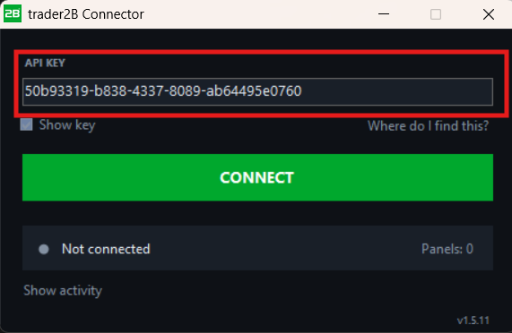 The trader2B Connector window with the API key field