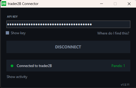 The trader2B Connector showing a connected status