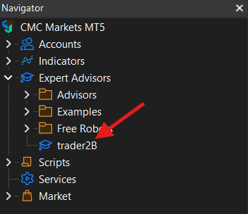 The MetaTrader 5 Navigator with the trader2B Expert Advisor