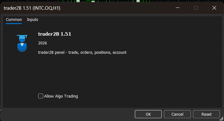 The Expert Advisor dialog with Allow Algo Trading ticked