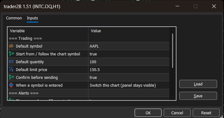 The Inputs tab of the trader2B Expert Advisor