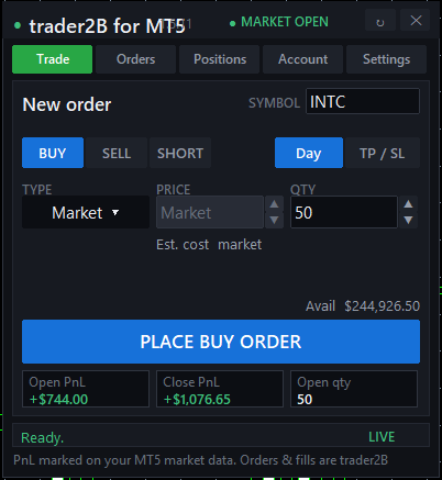 The trader2B panel order ticket