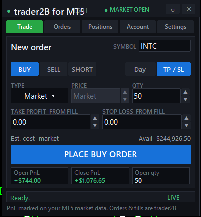 Take profit and stop loss fields in the trader2B panel