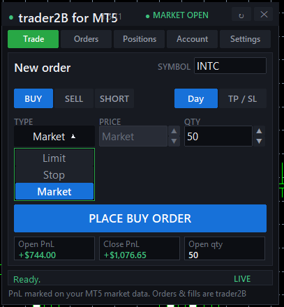 The order type selector in the trader2B panel