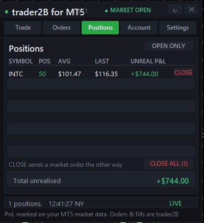 The positions tab of the trader2B panel