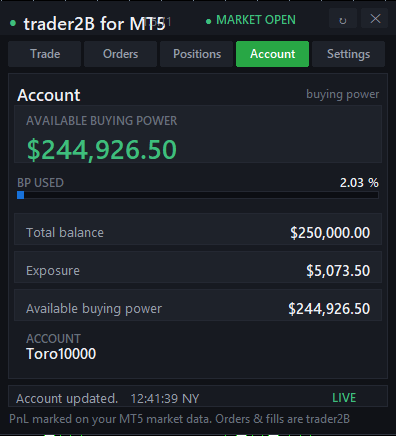 The account tab of the trader2B panel