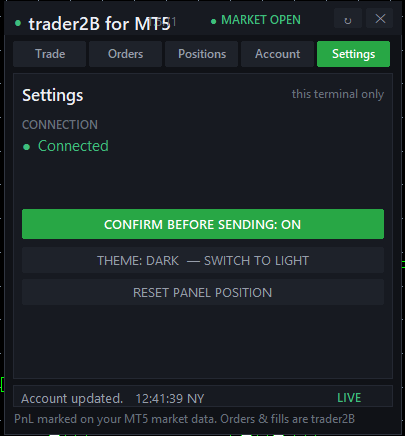 The settings tab of the trader2B panel