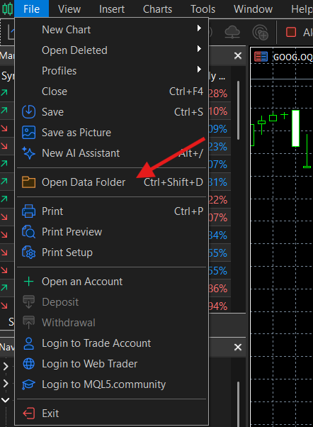 File menu in MetaTrader 5 with Open Data Folder highlighted