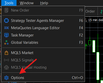 The Tools menu in MetaTrader 5 with Options highlighted
