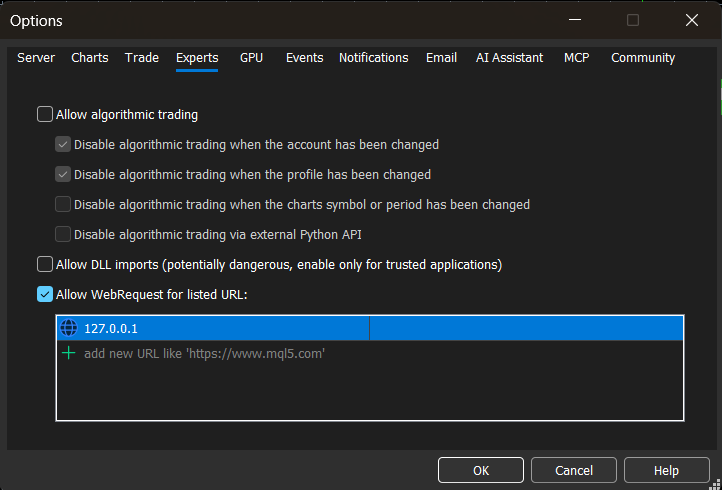 The Expert Advisors options tab with 127.0.0.1 added to the allowed URL list