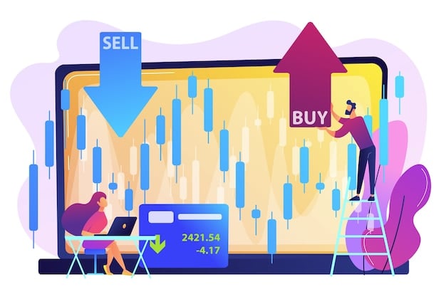 Tiny people stock traders at laptop with graph chart buy and sell shares. Stock market index, stockbroking company, stock exchange data concept.