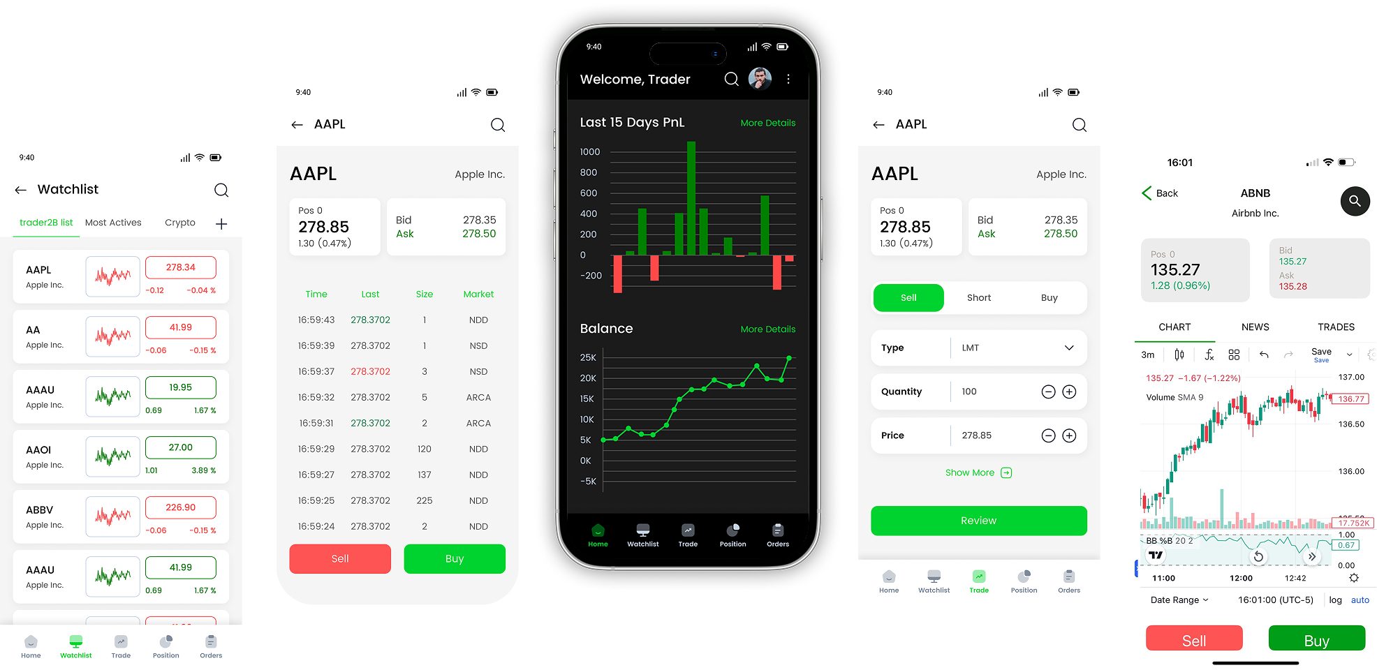 Mobile trading interface displays featuring stock price lists and real-time profit tracking