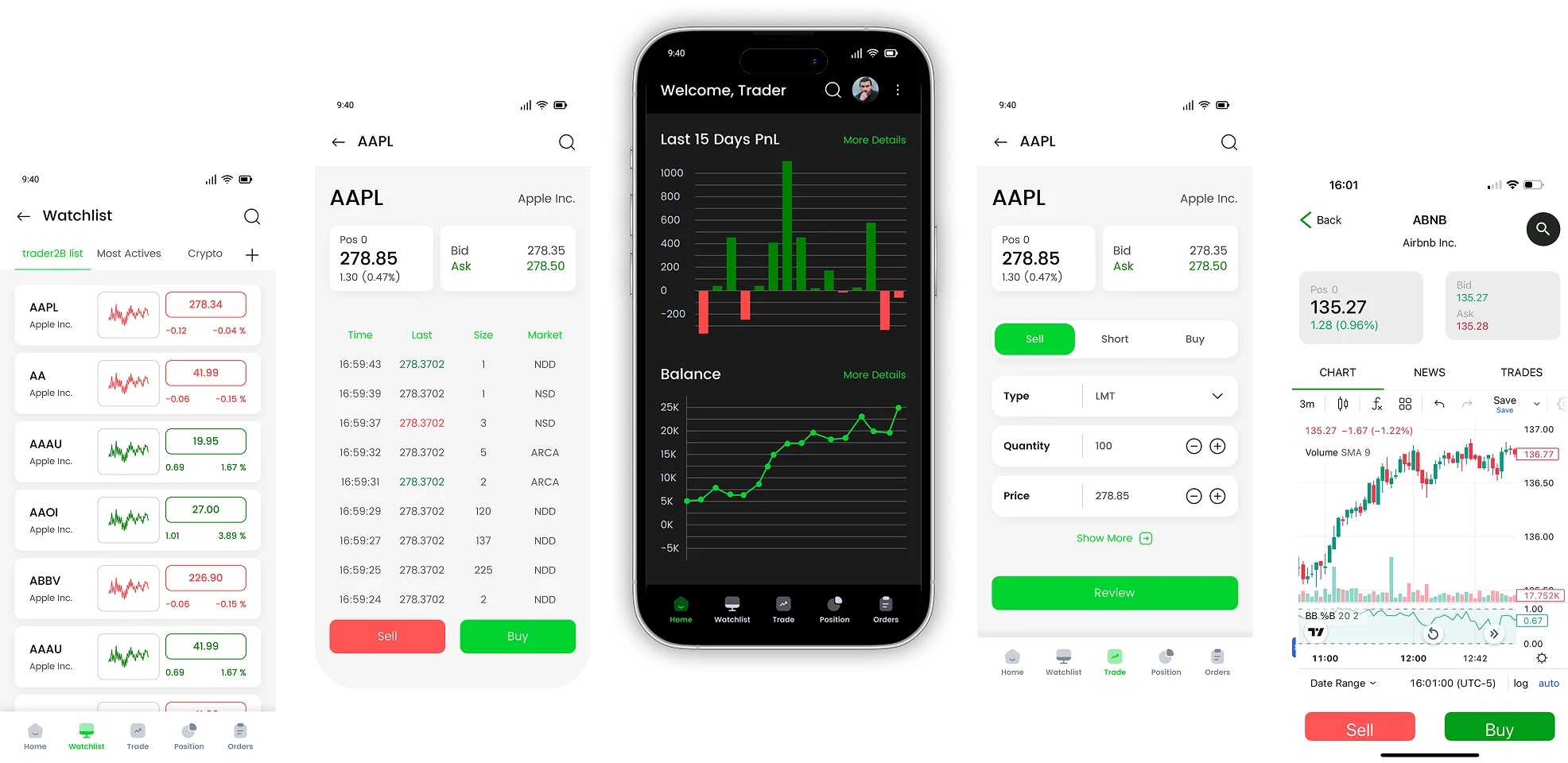 Mobile trading interface displays featuring stock price lists and real-time profit tracking