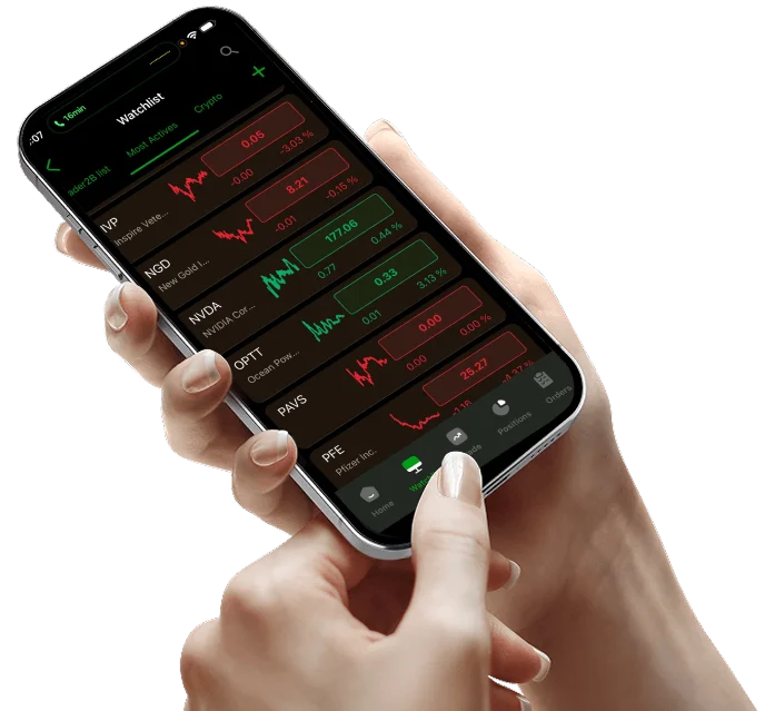 Mobile trading app mockup displaying a live stock watchlist and performance tracking