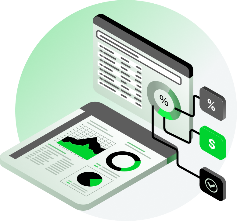 Digital trading dashboard with charts and profit symbols