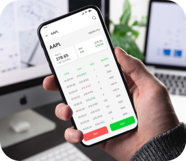 Trader holding a smartphone with real-time stock analytics.