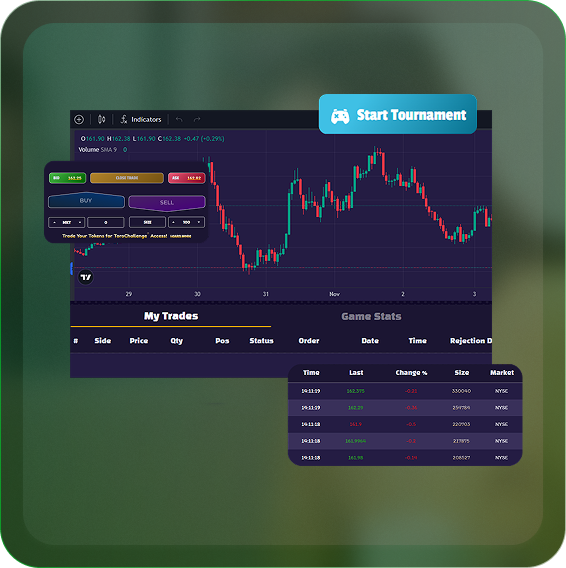 Trading dashboard with price charts and tournament button